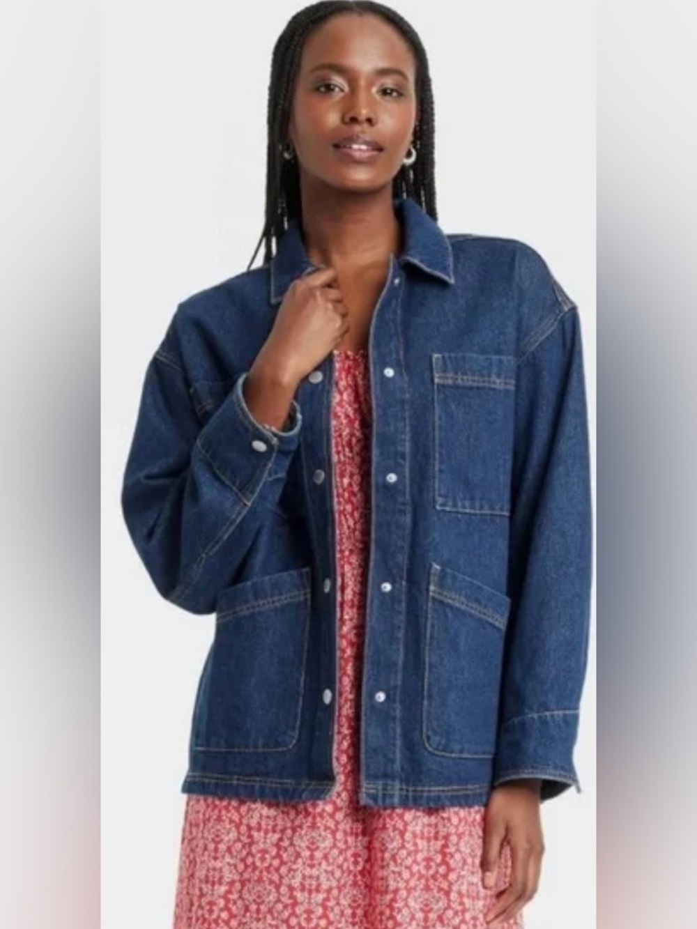 NWT-Medium Oversized Universal Thread Dark Blue Denim 4 pocket 
Long Jean Jacket